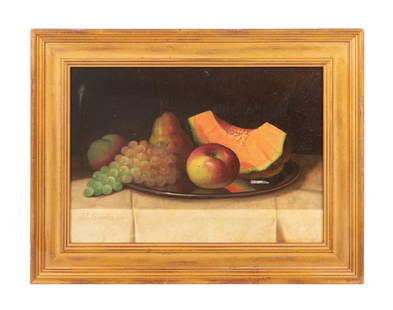 JOHN F FRANCIS 'STILL LIFE WITH FRUIT' O/B: John F. Francis (American 1808-1886), 'Still Life with Fruit on Platter', 1865, oil on board, depicting multiple pieces of fruit displayed on a platter resting on a draped white table cloth with a dar