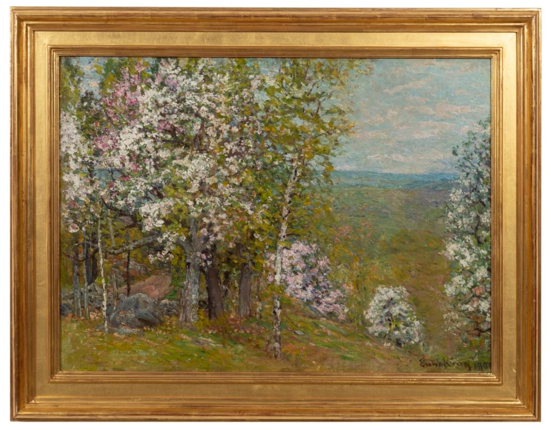 JOHN JOSEPH ENNEKING 'SPRING LANDSCAPE O/CB: John Joseph Enneking (American 1841-1916), 'Spring Landscape', 1901, oil on canvas laid to board, depicting a spring scene of blossoming trees in the foreground and a small valley in the background, s