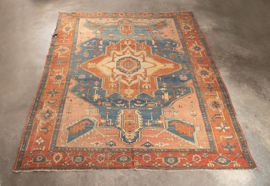 ANTIQUE HAND KNOTTED WOOL HERIZ RUG, 11 X 10 (1 of 8)
