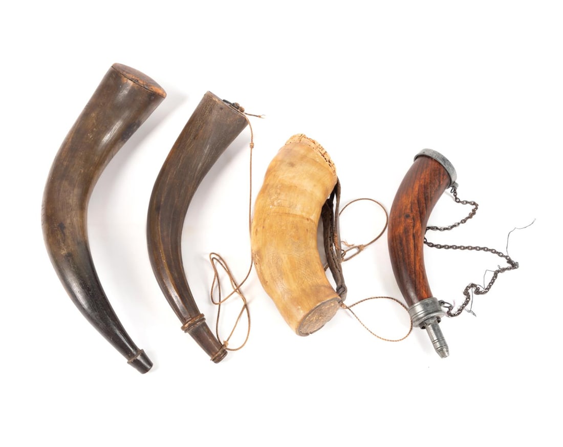 FOUR 19TH CENTURY ANTIQUE NATURAL POWDER HORNS (1 of 15)