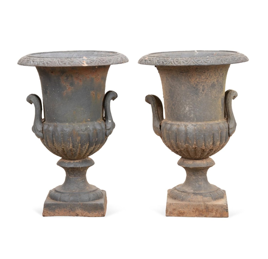 PAIR SMALL CAST IRON CAMPAGNA FORM GARDEN URNS (1 of 6)