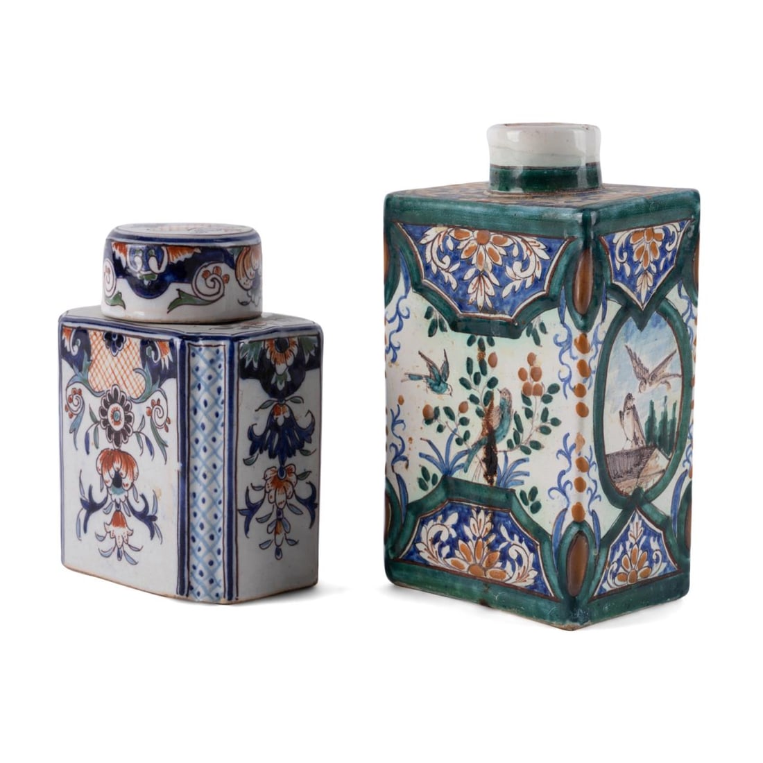 TWO POLYCHROME FLORAL DELFT STYLE TEA CADDIES (1 of 9)