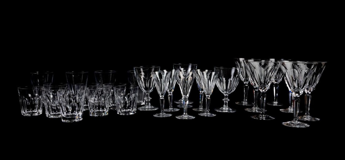 28PCS MAINLY WATERFORD CRYSTAL "SHEILA" STEMWARE: 28 piece set of colorless leaded glass bar and stemware comprising, Waterford Crystal "Sheila" (pattern active 1958-2017), seven water goblets (h. 7"), six claret wine glasses (h. 6.5"), four 9 oz tum