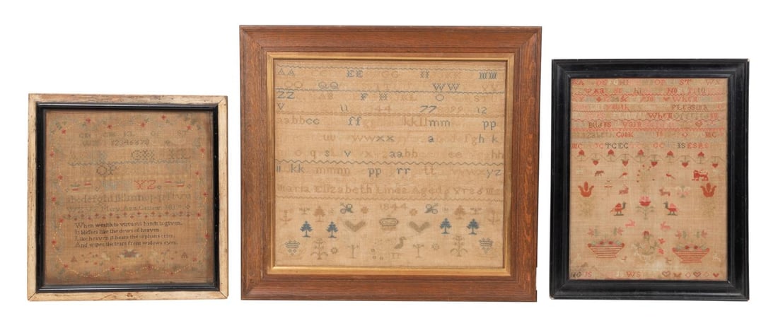THREE EARLY TO MID 19TH CENTURY SAMPLERS, FRAMED (1 of 5)