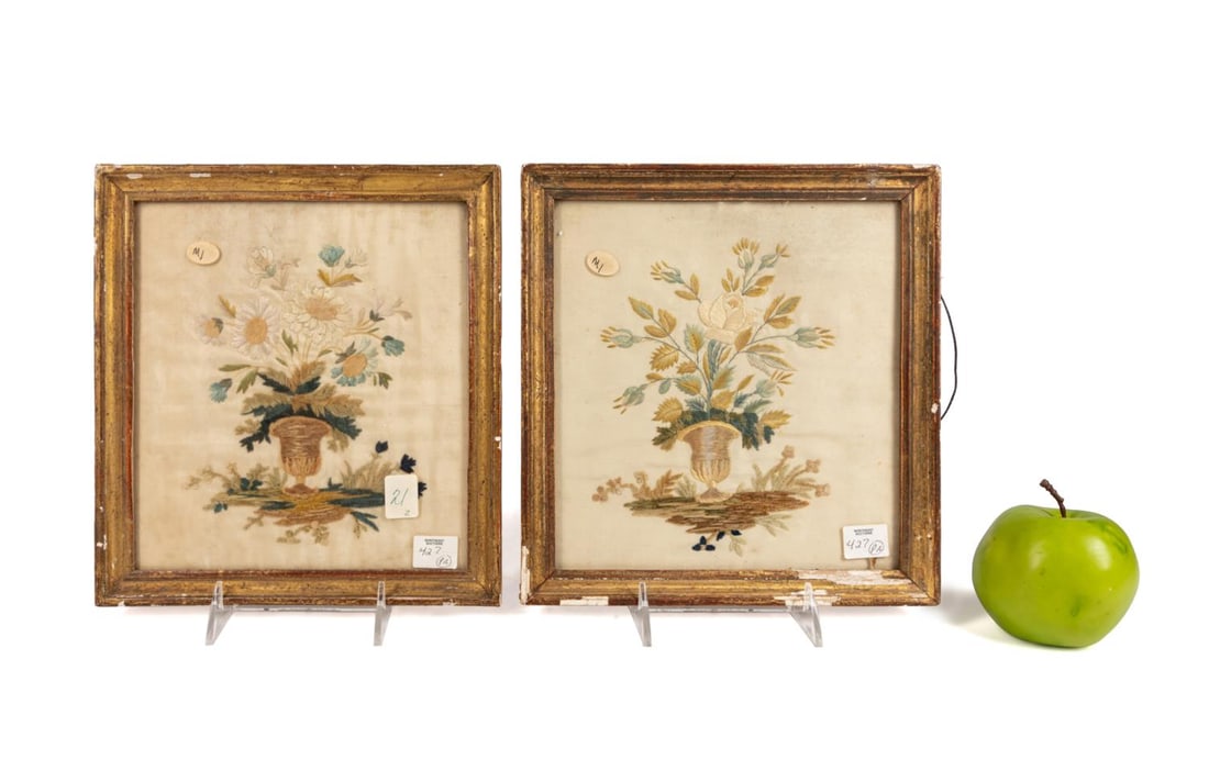 TWO GILT FRAMED SILK FLORAL EMBROIDERIES (1 of 5)