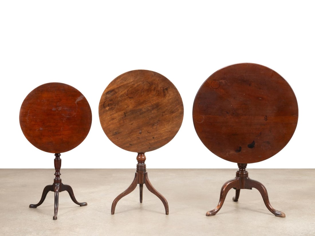 THREE 19TH C. TILT-TOP MAHOGANY TEA TABLES: Group of three American and/or English tilt-Top mahogany tea tables, 19th century, including a Georgian table with a birdcage mechanism and an American Country Sheraton table with spider legs, all app