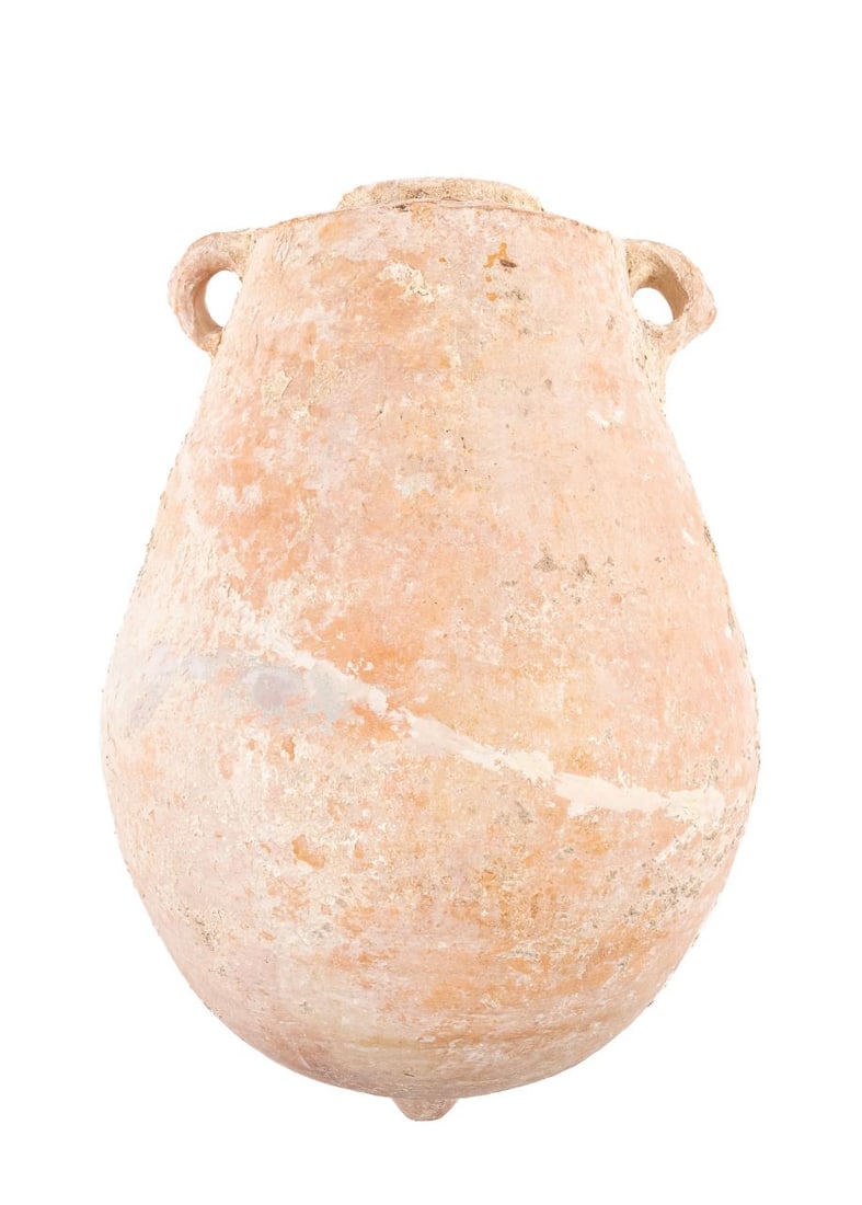 RECONSTRUCTED IRON AGE STYLE GREEK AMPHORA: Reconstructed Greek Iron age style style terracotta amphora, having a flattened and rolled rim flanked by loop handles, tapering to a rounded toe point. Approximate dimensions: h. 17", dia. 11".