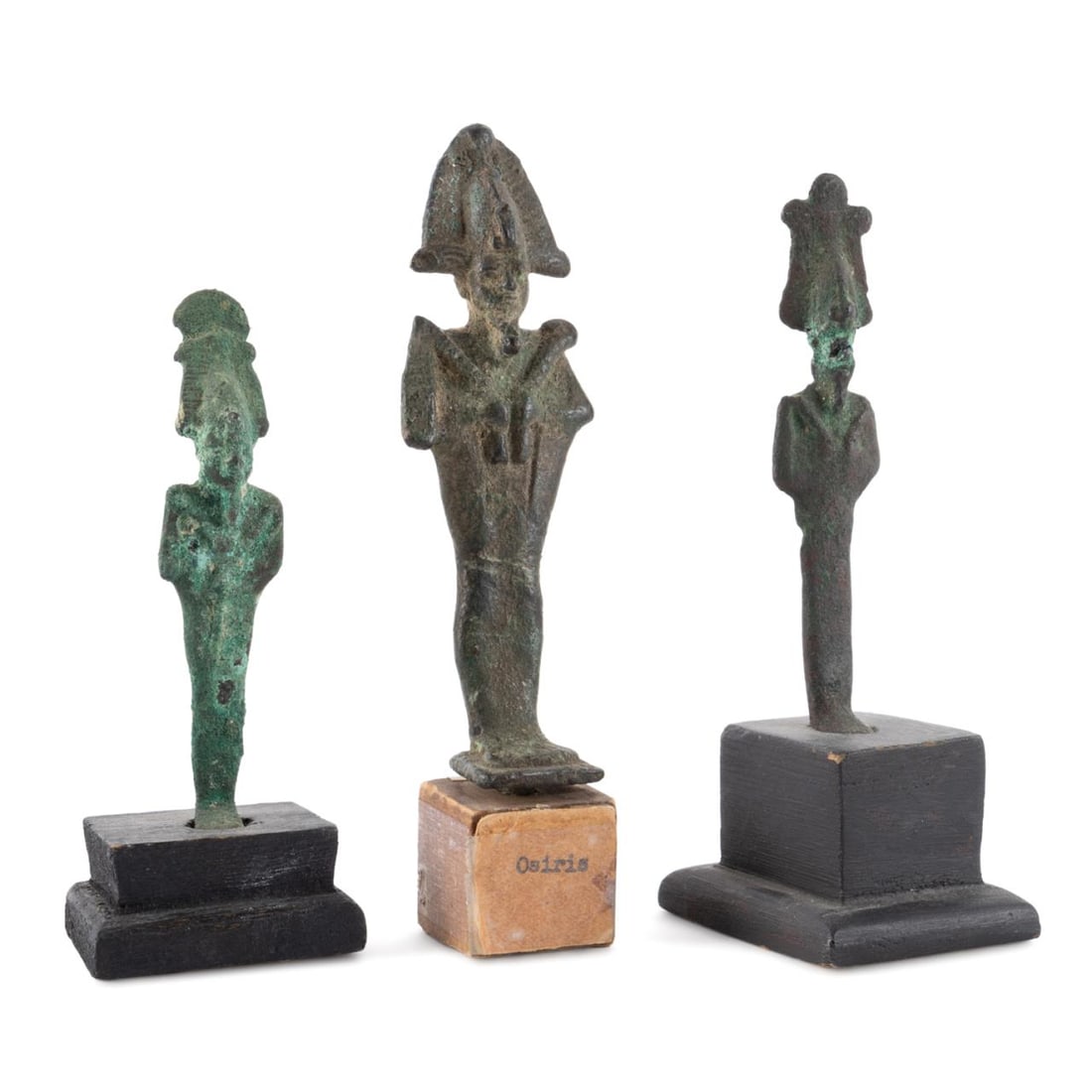 THREE EGYPTIAN BRONZE & METAL OSIRUS FIGURES (1 of 9)