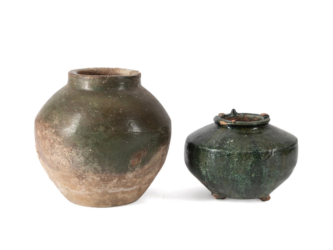 TWO CHINESE GREEN STONEWARE HAN DYNASTY POTS (1 of 9)