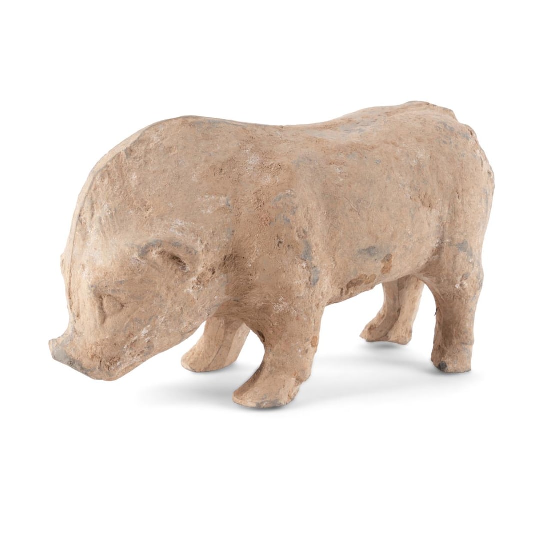HAN DYNASTYCHINESE POTTERY BOAR FIGURE: Chinese pottery boar figure, Han Dynasty (206 BCE-233 CE), modeled standing four square with open eyes, having no plinth or base. In Chinese iconography the boar symbolizes the wealth of the forest. N
