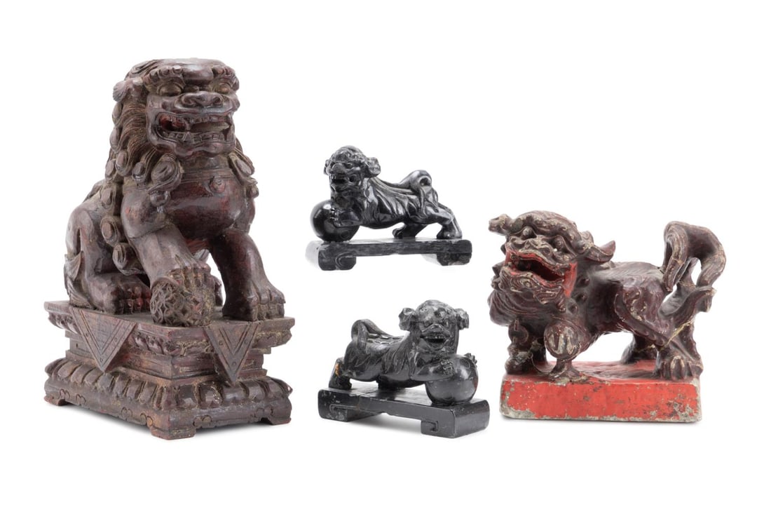 FOUR CHINESE FU LIONS IN WOOD AND STONE (1 of 12)