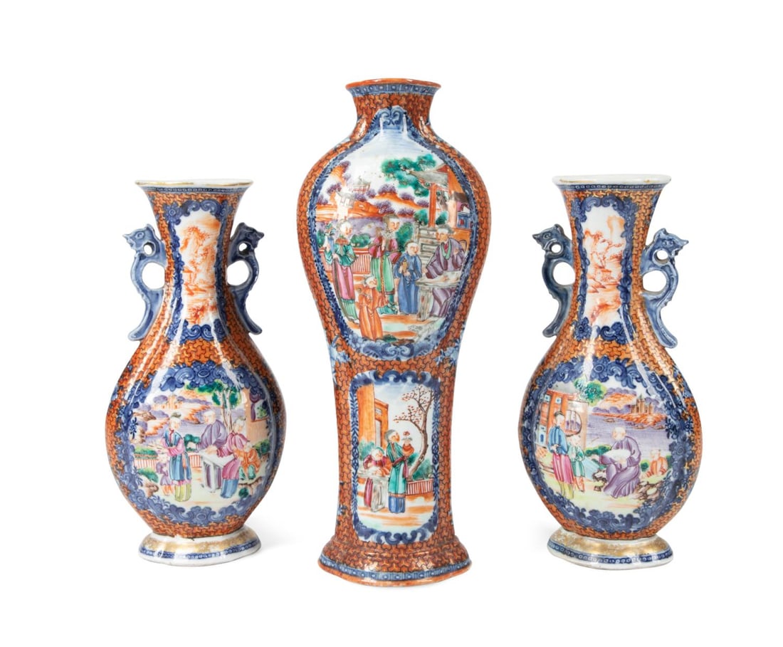 3 CHINESE ROSE MANDARIN PORCELAIN VASES (1 of 10)
