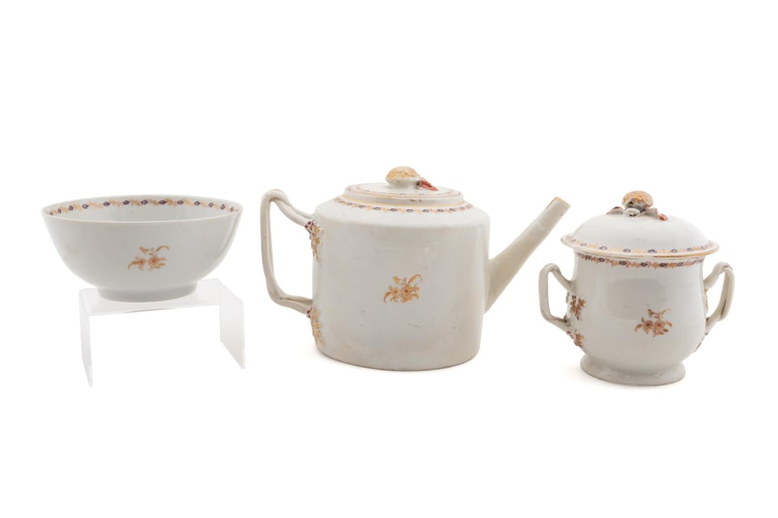 3PC CHINESE EXPORT WHITE, GILT & FLORAL TEA SET (1 of 7)