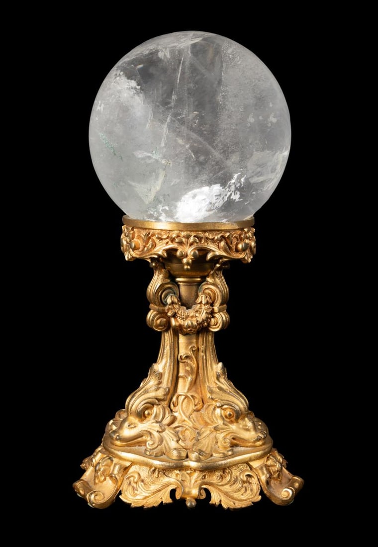 ROCK CRYSTAL SPHERE ON GILT BRONZE DOLPHIN STAND (1 of 5)