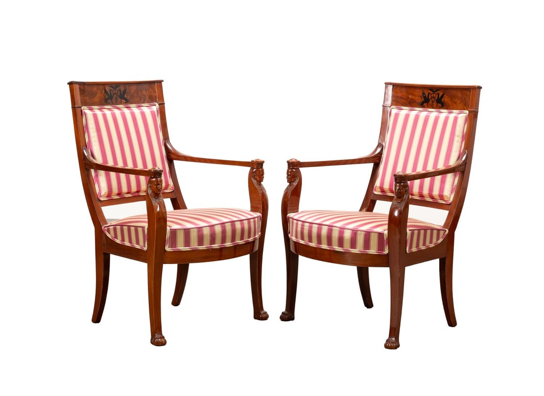 PAIR EMPIRE REVIVAL CARYATID MAHOGANY FAUTEUILS (1 of 8)