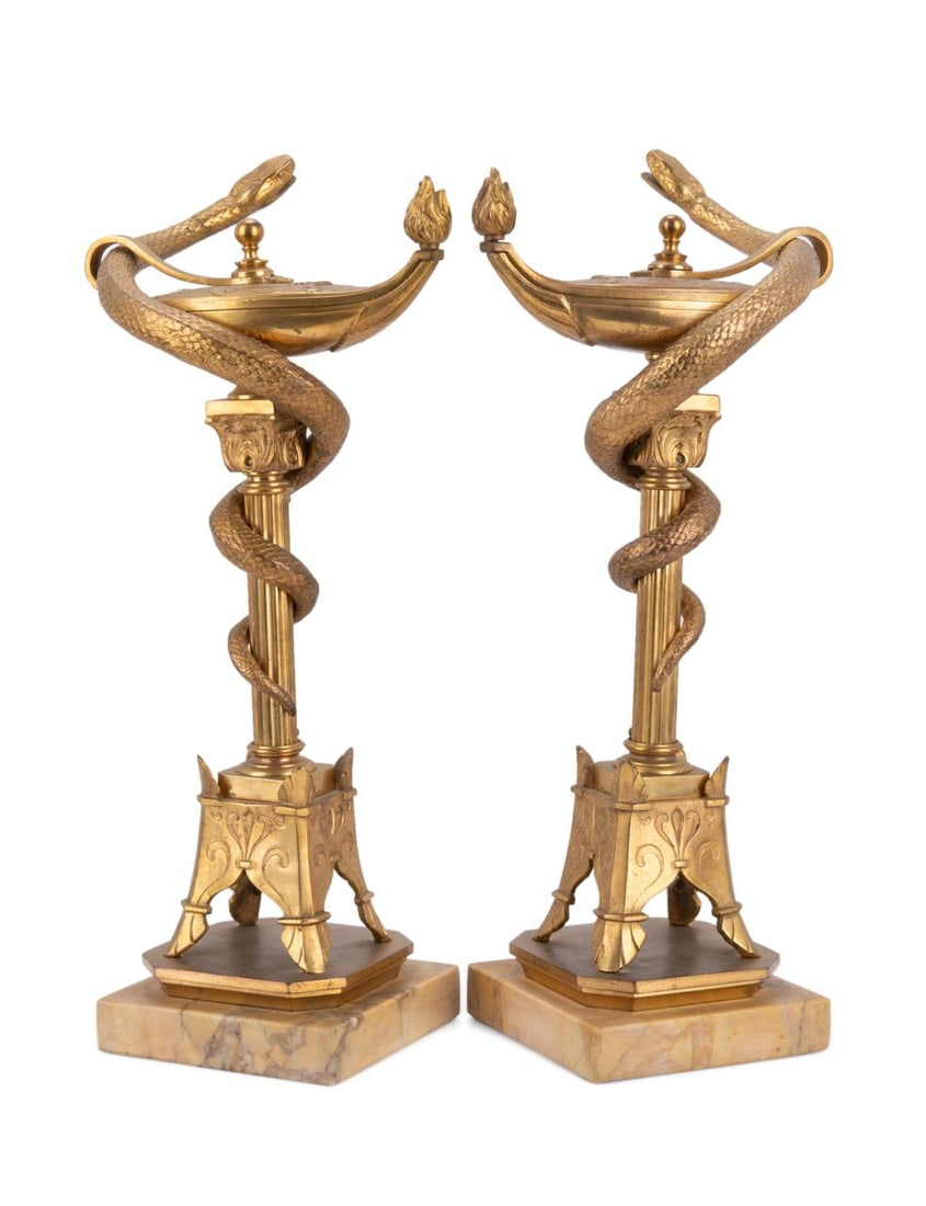 PAIR 19TH C. GILT BRONZE SERPENT LAMP GARNITURES (1 of 9)