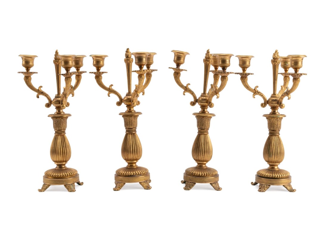 FOUR EMPIRE STYLE PETITE THREE LIGHT CANDELABRAS (1 of 8)