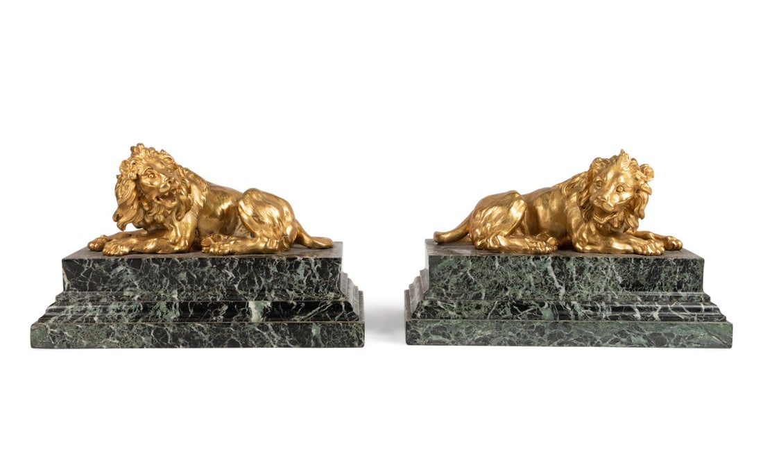PR REGENCY STYLE GILT BRONZE LIONS ON GREEN MARBLE (1 of 7)
