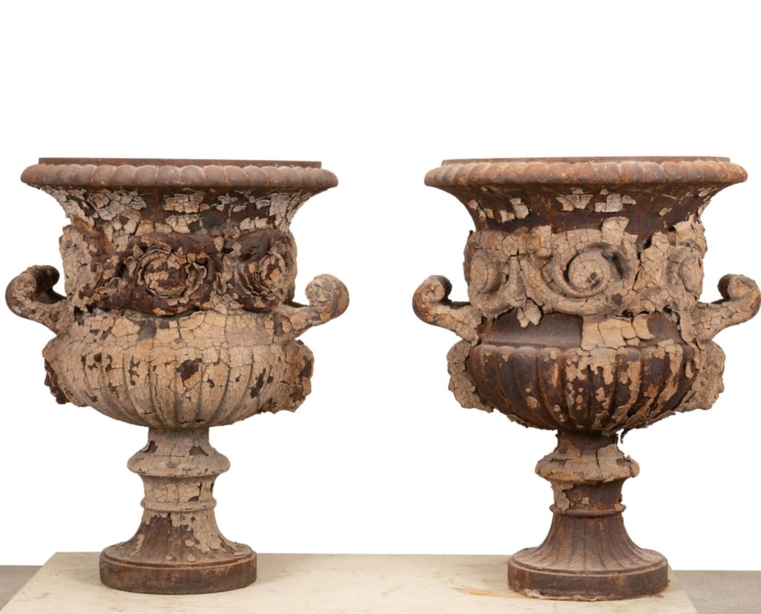 PAIR VICTORIAN PAINTED IRON GARDEN URNS, 19TH C. (1 of 7)