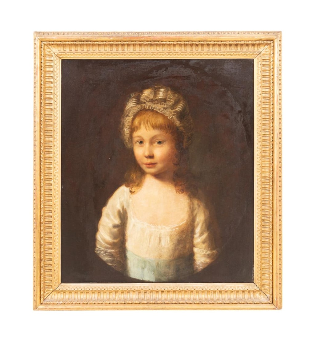 PORTRAIT OF A GIRL IN A BONNET' O/ C 19TH CENTURY: English or American School, 'Portrait of a Girl in a Bonnet', 19th Century, oil on canvas, depicting a young girl in a light blue and white dress wearing a bonnet, apparently unsigned, indecipherable 