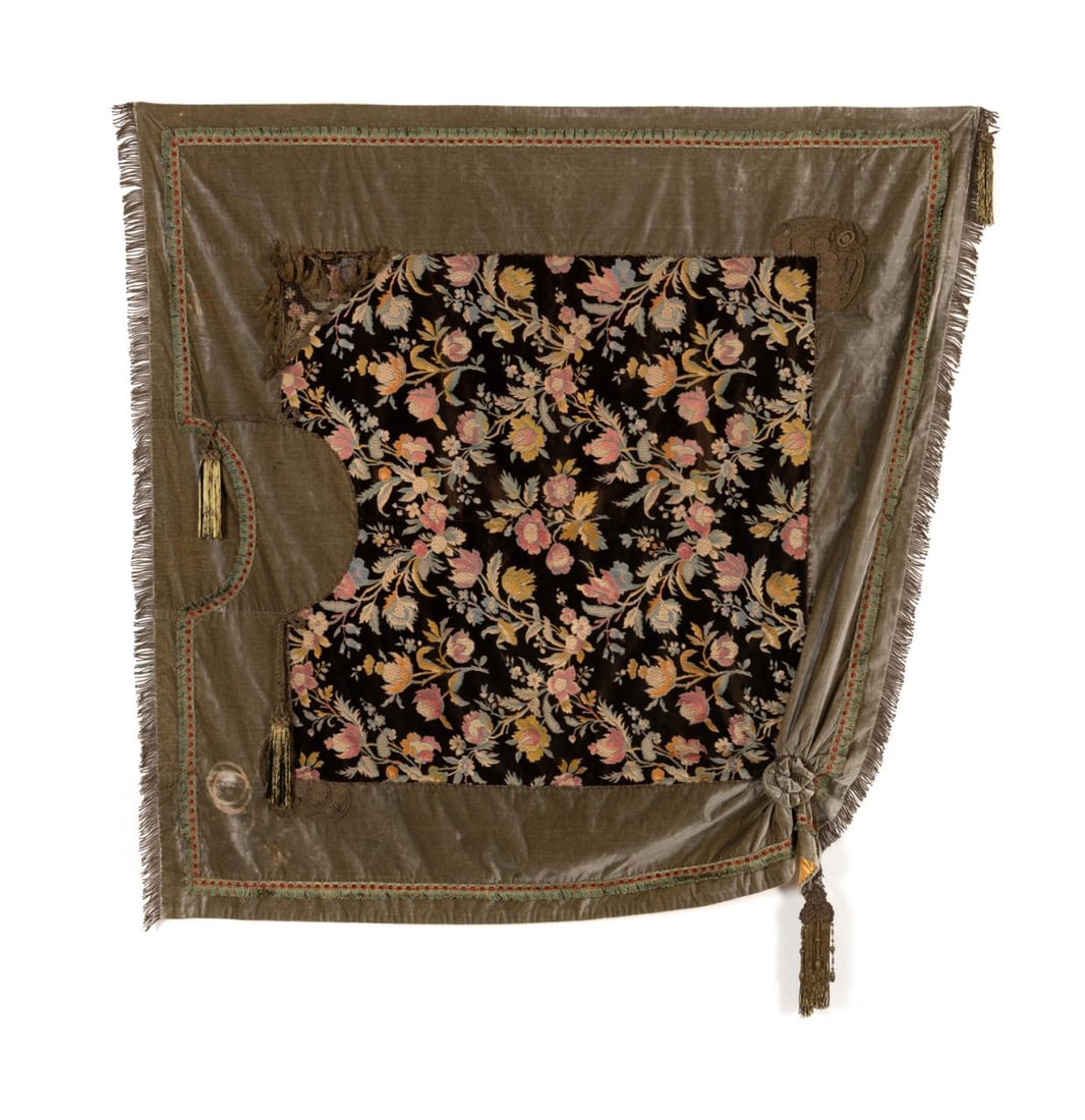 VELVET & SILK THROW W/ METAL THREAD PASSEMENTERIE: Velvet and silk throw with metal thread passementerie, centering a square of chocolate velvet with damask pink, blue and gold flowers in the Asian taste, framed in forest green velvet and having elabo