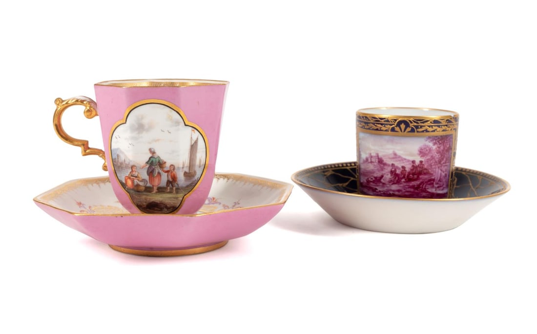 TWO GERMAN PORCELAIN CABINET CUPS & SAUCERS (1 of 8)