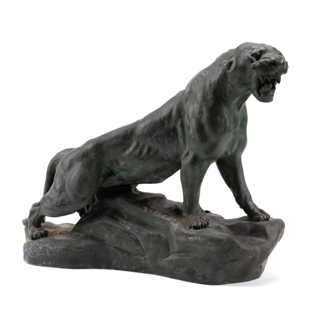 AFTER T.F. CARTIER, 'LIONESS' PATINATED LAMP BASE: After Thomas Francois Cartier (French 1879-1943), 'Lioness' lamp base, first half 20th century, patinated spelter figure modeled as a female panther standing on a rocky outcropping, signed in mold to 