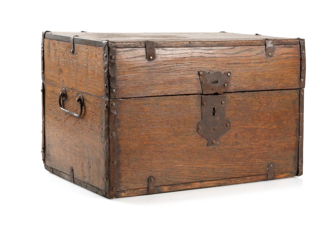 19TH C. IRON BOUND OAK APOTHECARY BOX (1 of 8)