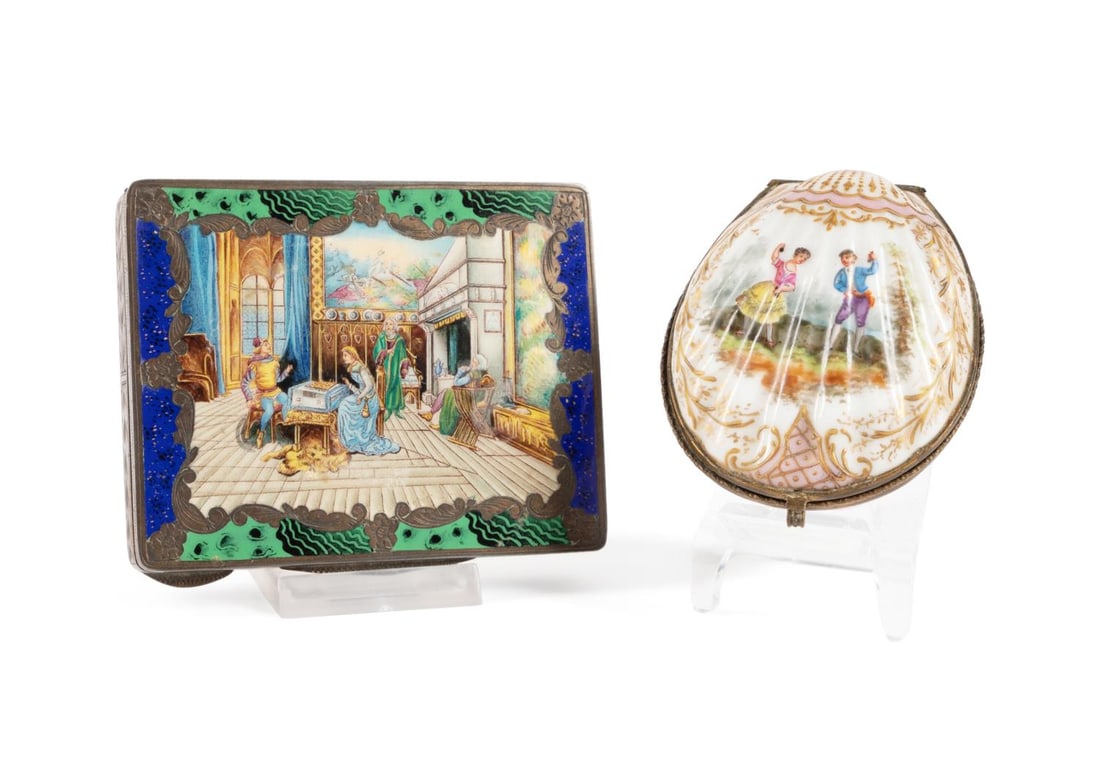 FIGURAL ENAMEL BOX AND MEISSEN SHELL PORCELAIN BOX (1 of 10)
