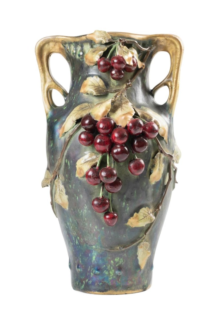 AMPHORA ART NOUVEAU CHERRIES VASE, C. 1900 (1 of 7)