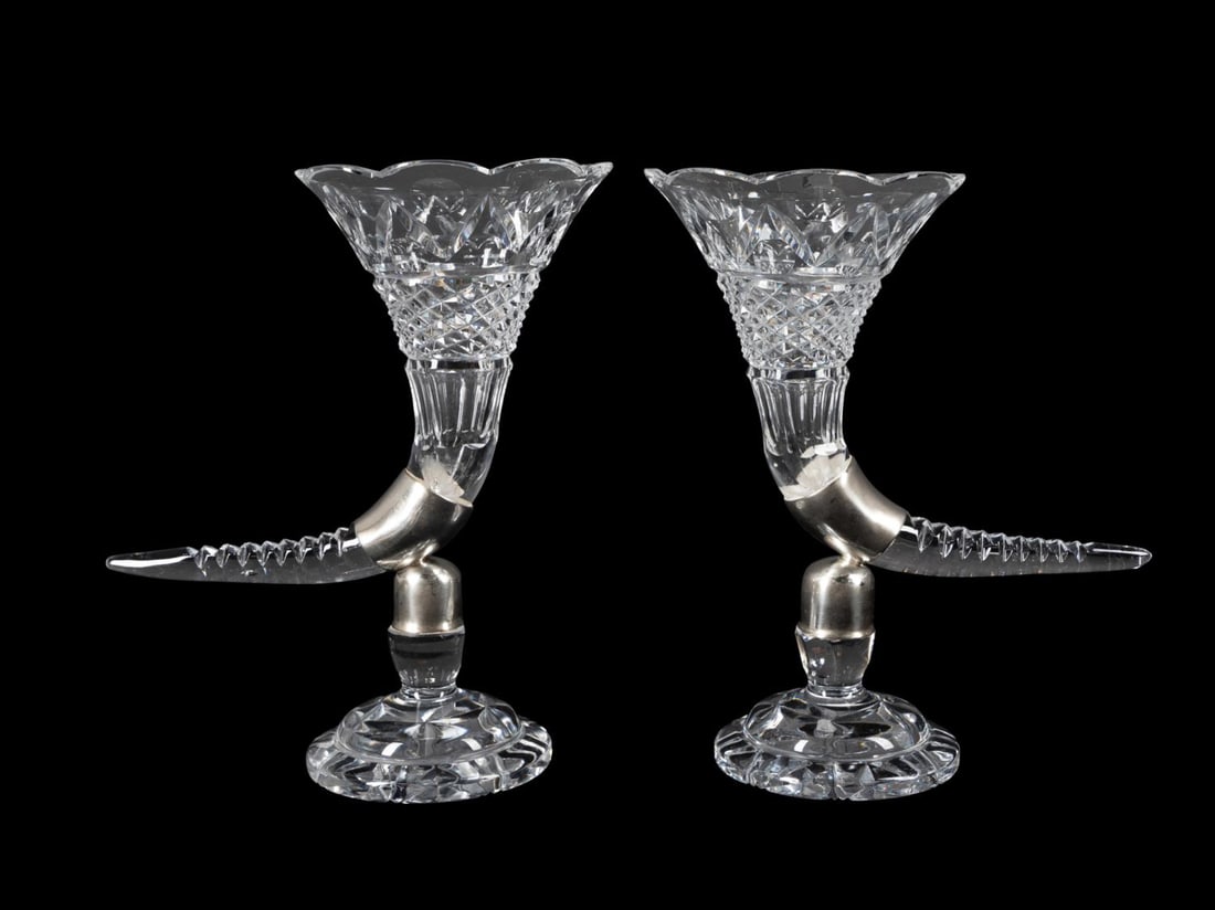 PAIR CUT GLASS AND SILVERPLATE CORNUCOPIAS (1 of 8)