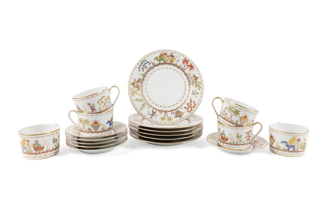 18PCS LE TALLEC FOR TIFFANY 'CIRQUE CHINOIS' CHINA: 18 pieces of Atelier Le Tallec for Tiffany & Company porcelain in 'Cirque Chinois', comprising six flat cups (diam. 3.375"), six saucers (diam. 5.625"), and six dessert or salad plates (diam. 7.75"),