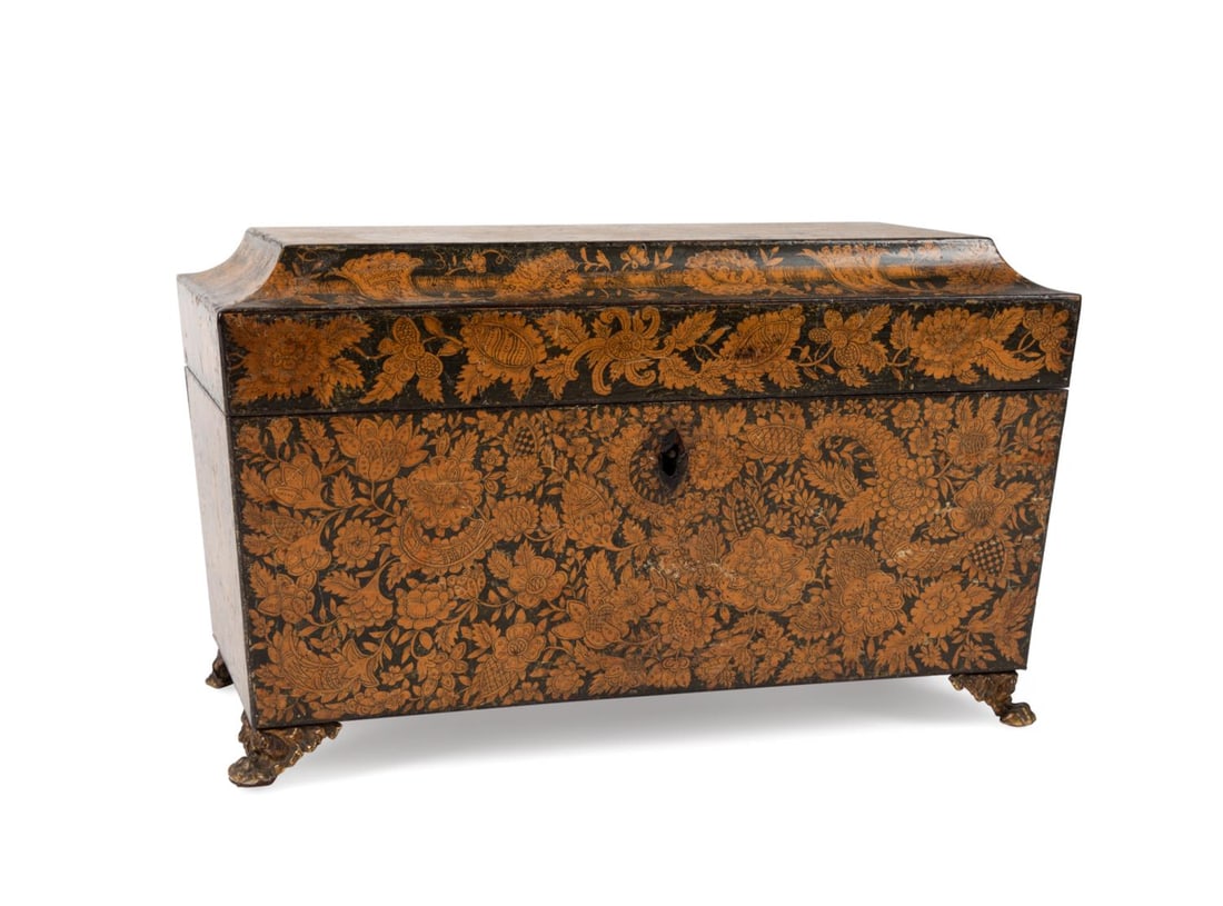 19TH C. REGENCY PENWORK SARCOPHAGUS TEA CADDY (1 of 10)