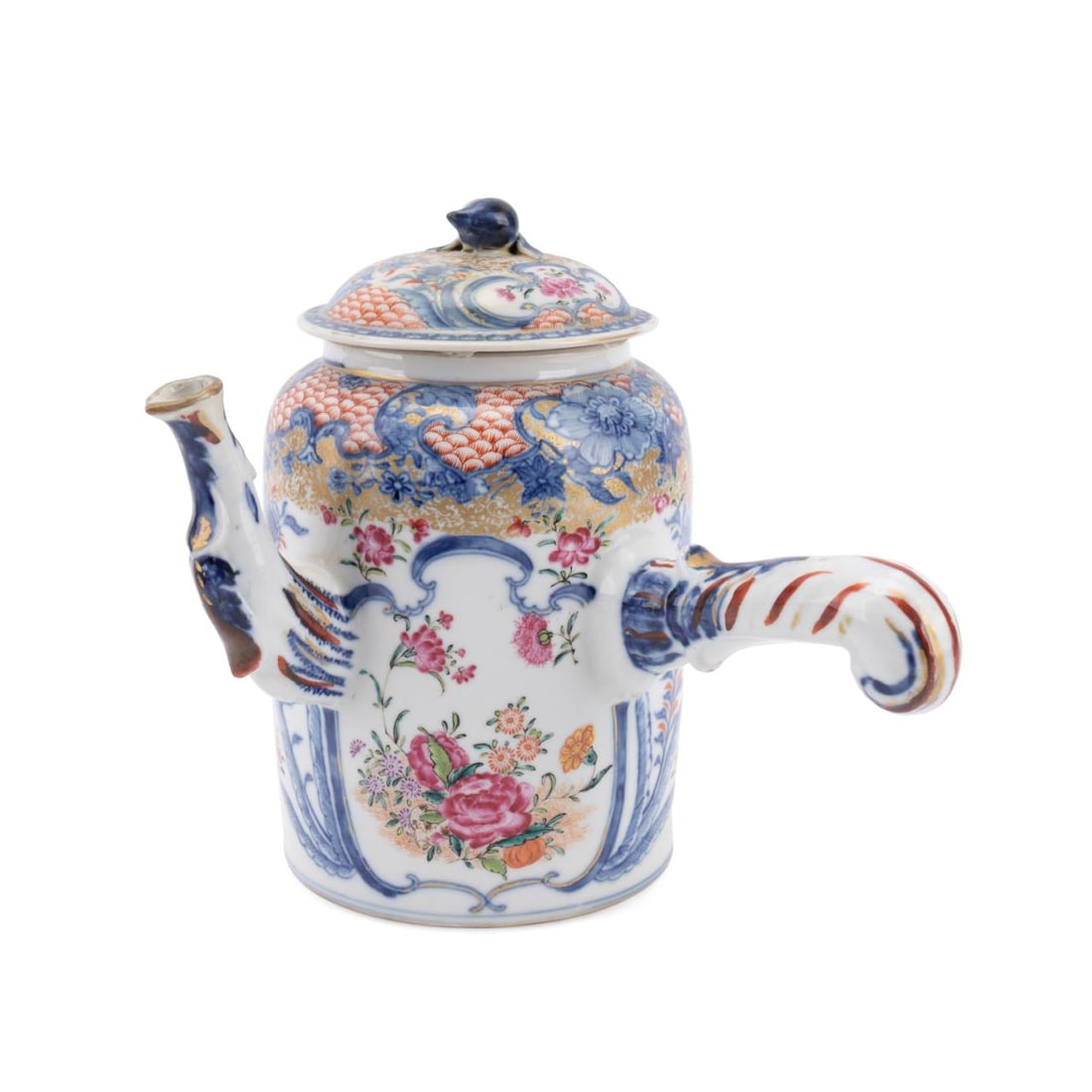 CHINESE FAMILLE ROSE PORCELAIN CHOCOLATE POT: Chinese Export Famille Rose and parcel gilt porcelain chocolate pot, having gilt and floral decoration on a cylindrical body with a molded side handle and short spout, apparently unmarked. Approximate