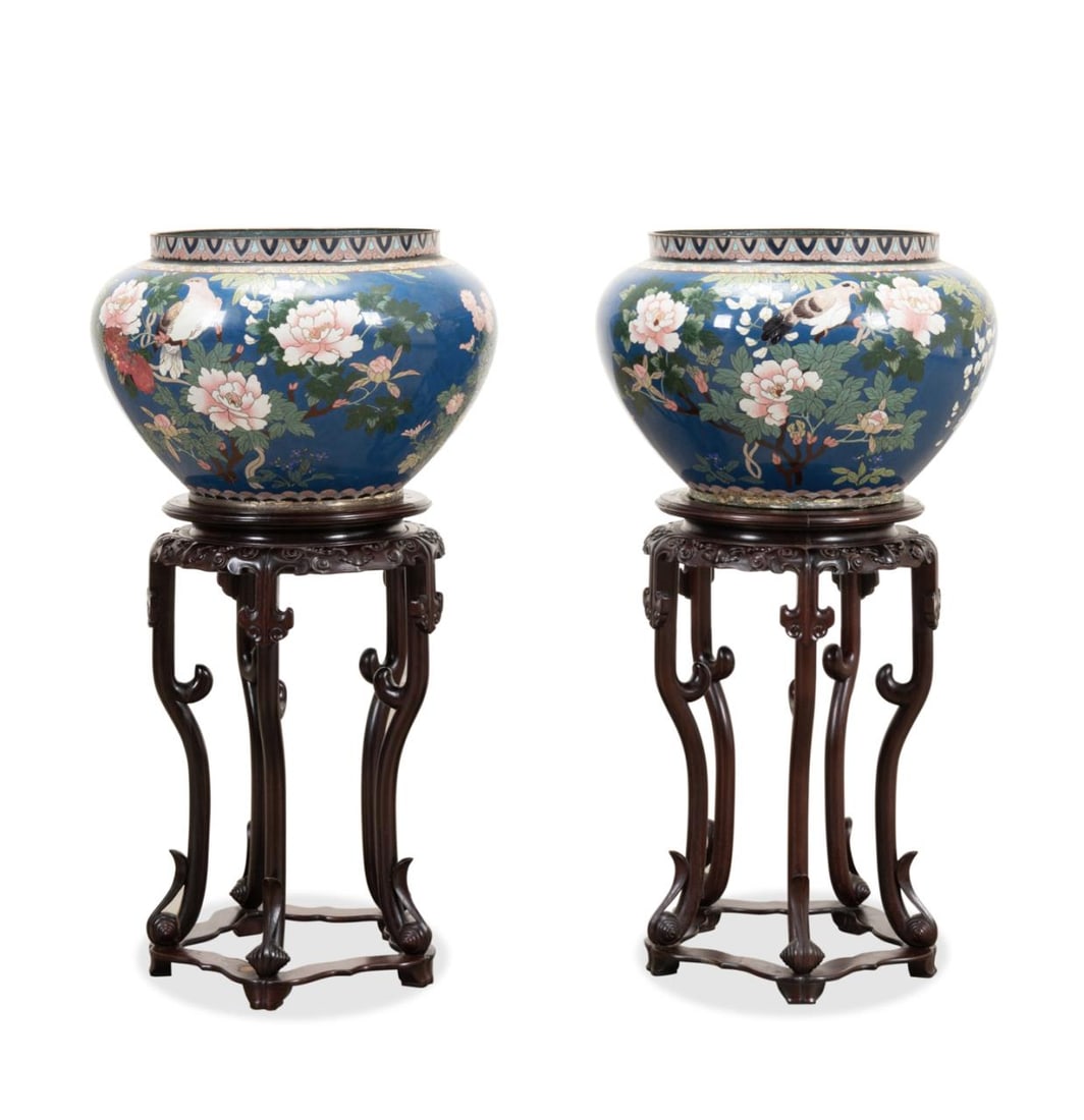 PAIR CHINESE CLOISONNE URNS ON HARDWOOD STANDS (1 of 15)