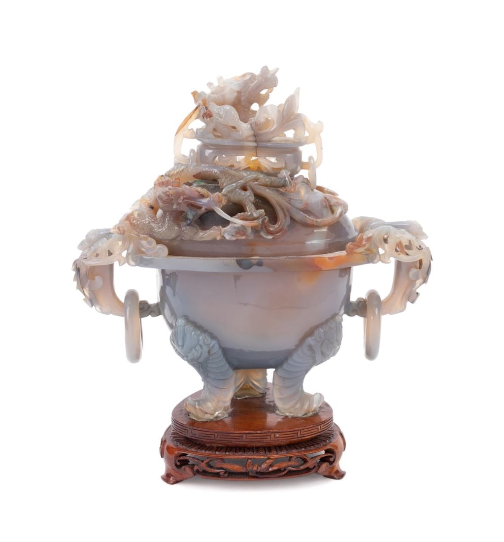 THREE PIECE CHINESE JADE DRAGON CENSER ON STAND (1 of 9)