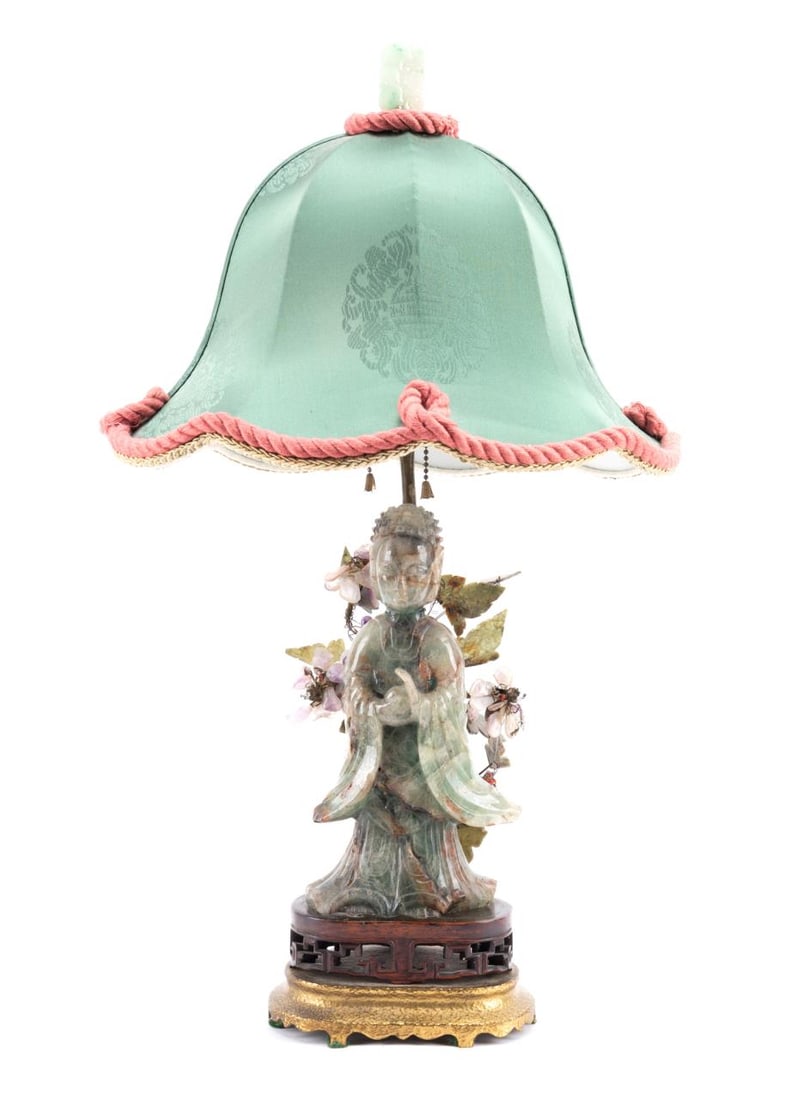 GREEN JADEITE QUANYIN FIGURE TABLE LAMP W/ SHADE (1 of 7)