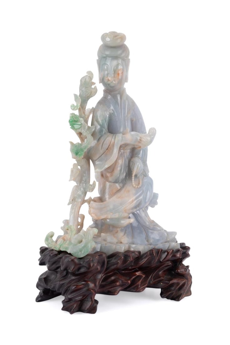 CHINESE CARVED JADEITE SEATED QUANYIN W/ STAND (1 of 8)