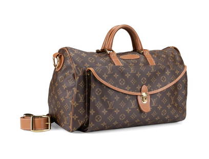 LOUIS VUITTON KEEPALL DUFFEL BAG W/ SHOULDER STRAP: Vintage Louis Vuitton 'Keepall" duffel bag, 1980s, featuring a brown and tan monogram canvas, tan leather handles and shoulder strap, and two front pockets. Provenance: From the Estate of Larry Prince