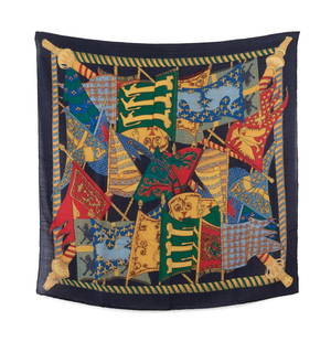 HERMES 'ETENDARDS ET BANNIERES' SILK SCARF: Hermes 'Etendards et Bannieres' cashmere and silk scarf, featuring multicolor banners, flags, and ribbons, with maker's mark to right center. Accompanied by original box. Approximate dimensions: h. 35