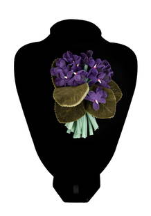 CHANEL PURPLE VELVET FLOWER BOUQUET BROOCH: Vintage Chanel flower bouquet or purple hydrangea velvet fabric pin, with Chanel metal oval tag to back. Provenance: From The Estate of Vectra Orkin Barnette, Atlanta, Georgia. Approximate dimensions:
