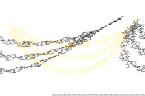 1970S CHANEL GOLD TONE TRIPLE-STRAND LINK NECKLACE: Vintage Chanel gold tone heavy circular link triple strand necklace, circa 1970, one link having a circular maker's mark. Provenance: From The Estate of Vectra Orkin Barnette, Atlanta, Georgia. Approx