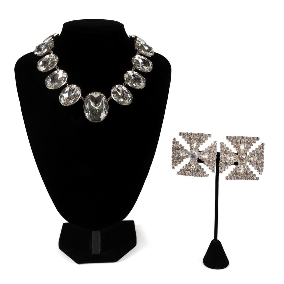 YSL SILVER TONE CRYSTAL EARRINGS & NECKLACE (1 of 10)