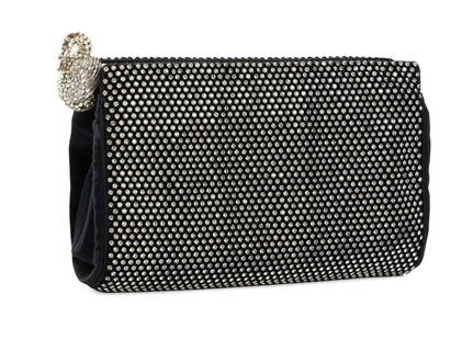 JUDITH LEIBER SWAROVSKI CLUTCH, SWAN CLOSURE: Vintage Judith Leiber black, silver, and Swarovski crystal clutch with swan release, accompanied by a coin purse, and having impressed maker's mark to small interior pocket. Provenance: From The