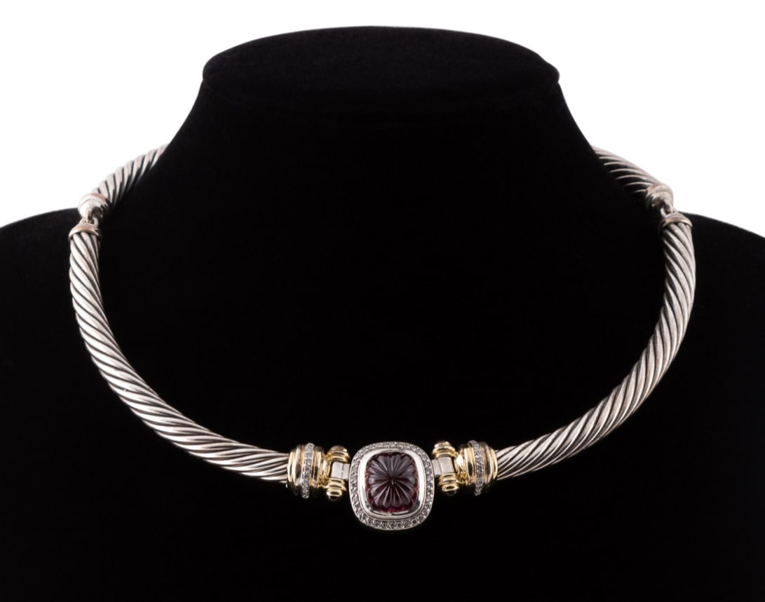 YURMAN STERLING, TOURMALINE, & 18K NECKLACE: David Yurman sterling, pink tourmaline and 18k yellow gold necklace, the twisted bar choker centering rectangular carved pink tourmaline framed by 60 round brilliant cut diamonds weighing.60ctw, flank