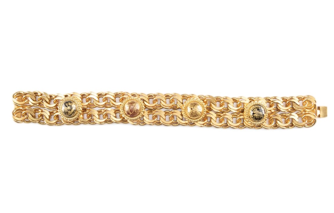 ISABEL CANOVAS GOLD TONE DOUBLE CHAIN CHOKER: Isabel Canovas (French) heavy gold tone double curb chain choker or necklace with black and red cabochons, having a maker's mark to back of clasp. Provenance: From The Estate of Vectra Orkin Barnette,