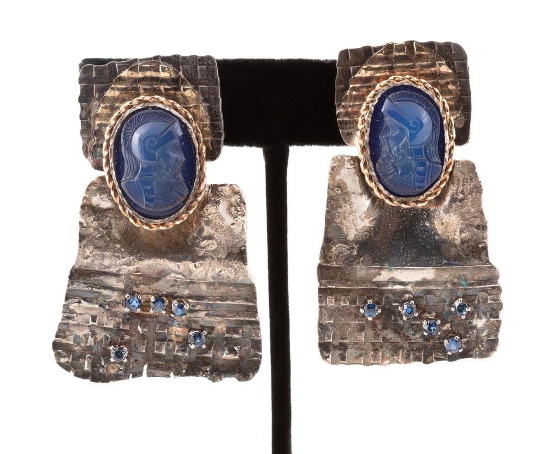 PR SAPPHIRE, INTAGLIO, & STERLING PANEL EARRINGS (1 of 5)