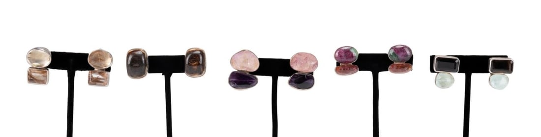 FIVE PAIRS REBECCA COLLINS 925 & STONE EAR CLIPS: Five pairs of Rebecca Collins sterling silver and stacked stone ear clips comprising a rutilated quartz pair, an aquamarine and smoky quartz pair, a rose quartz and amethyst pair, a ruby in zoisite pa