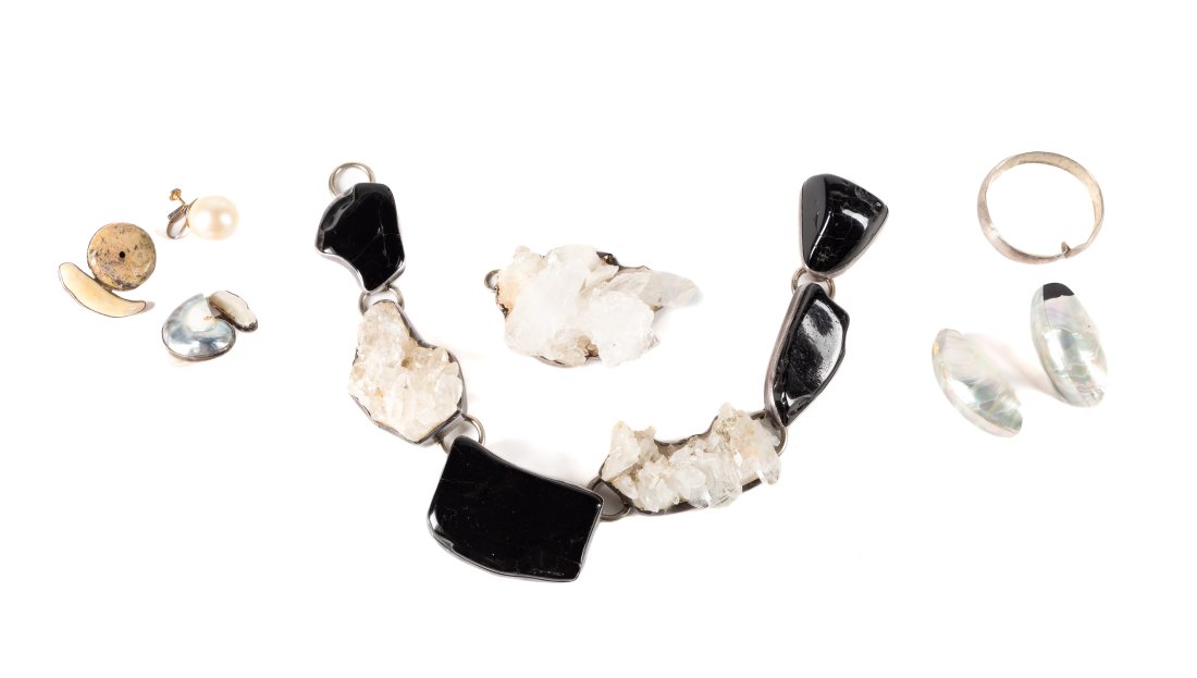 10PCS REBECCA COLLINS PARTIAL JEWELRY ARTICLES: Ten pieces of partial and single jewelry articles, including nine pieces of sterling and gemstone Rebecca Collins marked jewelry comprising a partial necklace of sterling, obsidian, and raw clear quar