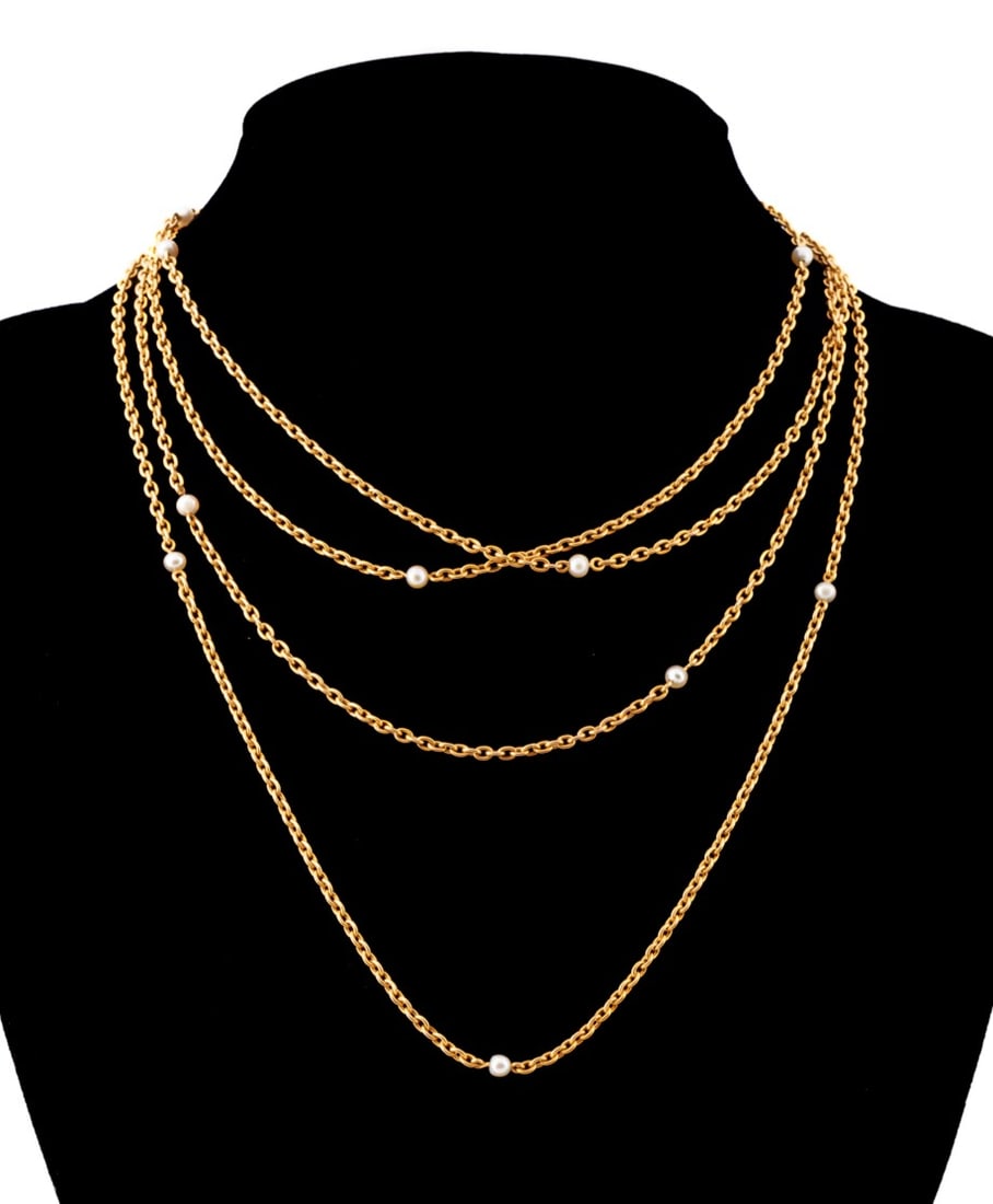 FRENCH 18K YELLOW GOLD & PEARL LONG CHAIN NECKLACE (1 of 6)